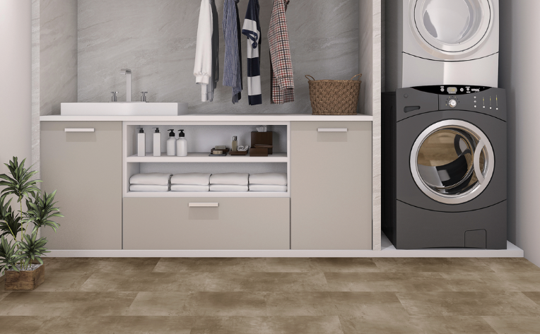 Stone-look luxury vinyl flooring in laundry room